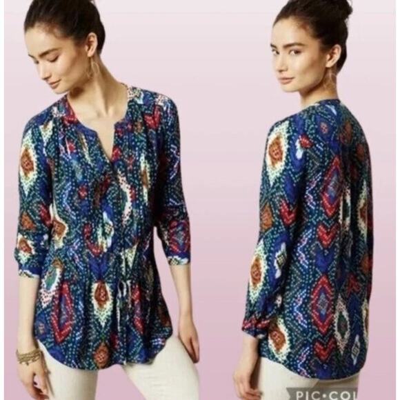 Maeve Anthropologie Womens Topoxte Geometric Drop Waist Boho Tunic Blouse Size 6 - Picture 3 of 13